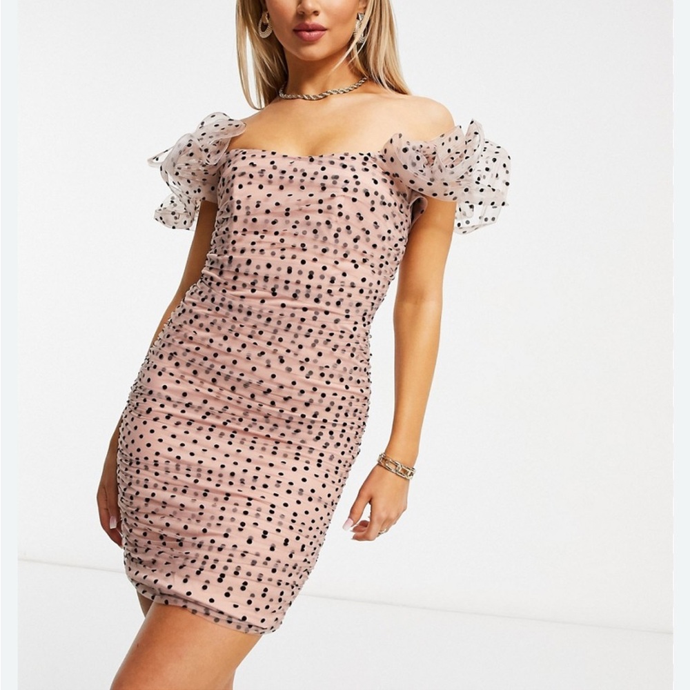Rare London Blush and Black Polka Dot Ruffle Mini Dress